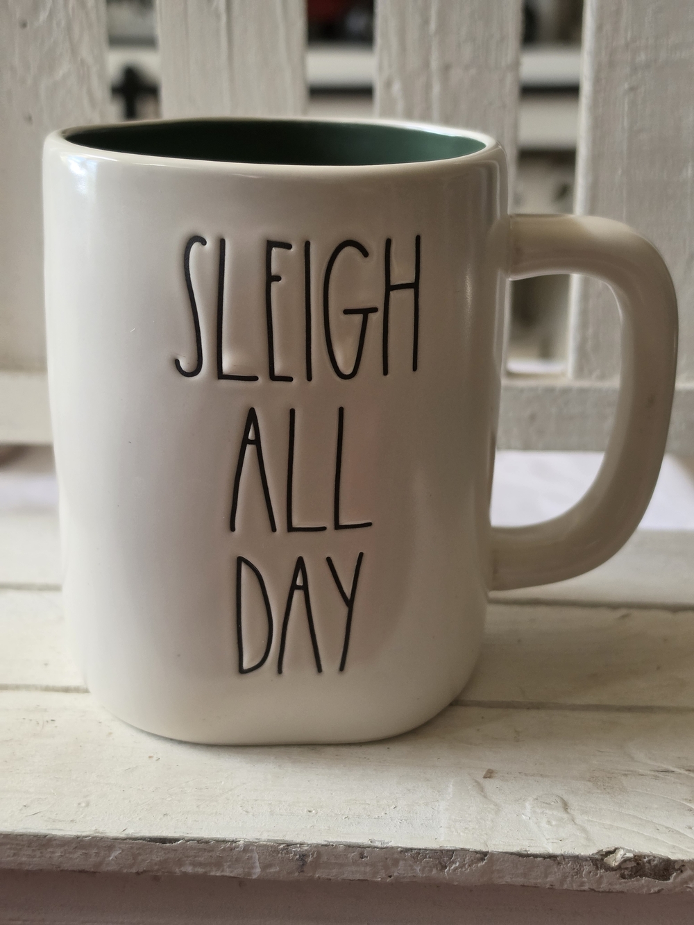 Ceramic 'Sleigh All Day' White Mug with Green Interior